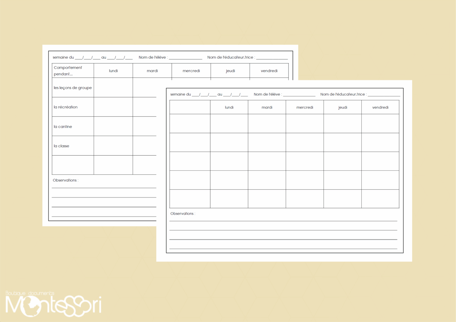 Fiche de suivi du comportement - BOUTIQUE DOCUMENTS MONTESSORI